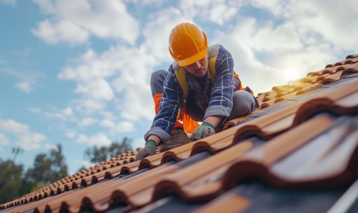 Worker with safety yellow helmet working on tile roof maintenance