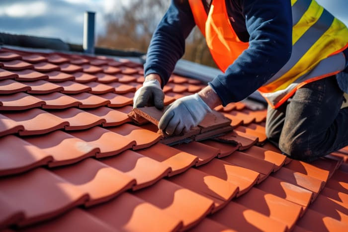 Roof construction worker working on roof tiles repair and maintenance.