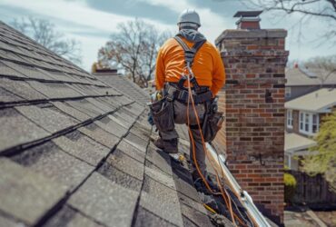 A roofer in safety gear works on a residential roof with a brick chimney.