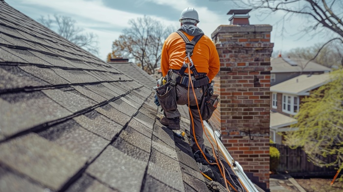 A roofer in safety gear works on a residential roof with a brick chimney.