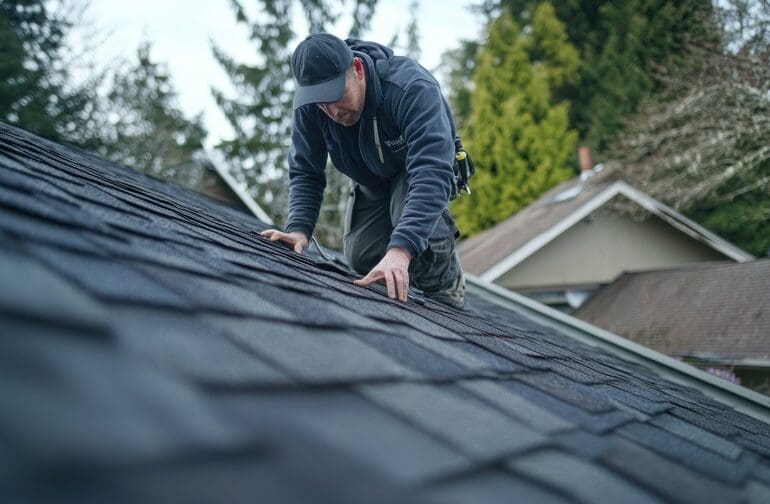 A roof inspection in progress, with an inspector carefully examining the shingles, gutters, and overall roof structure