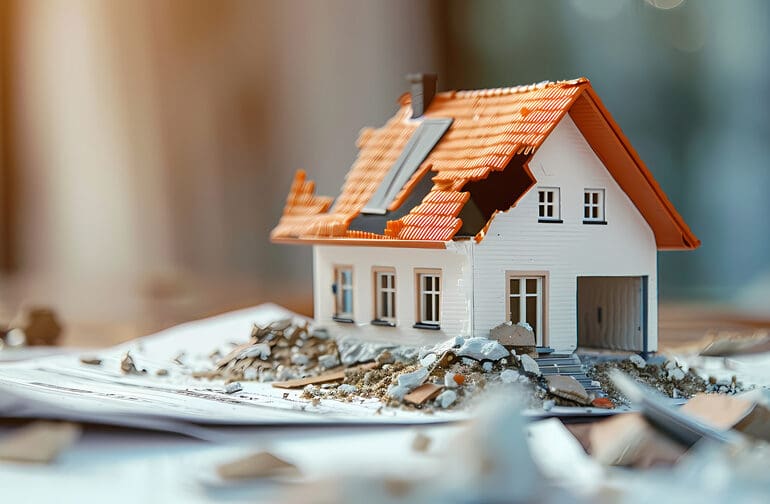 House model with damaged roof - roof replacement