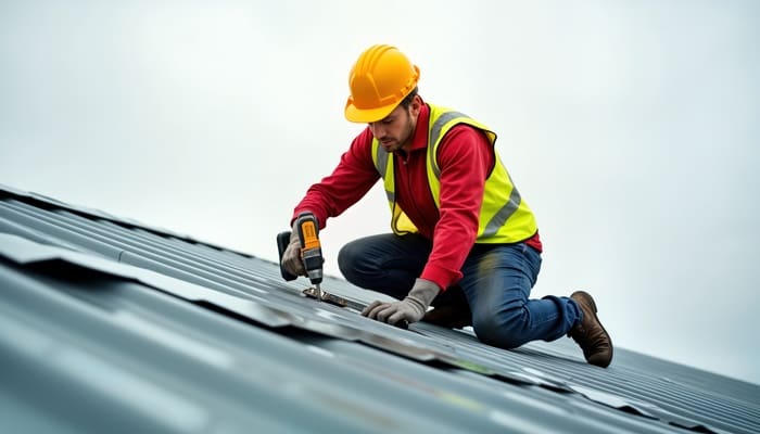 Construction worker installs roof panels using electric drill. Roofing pro works on metal roofing.