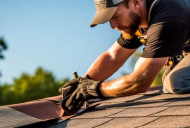 roofing expert inspecting roof and fixing shingles