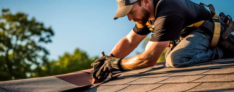 roofing expert inspecting roof and fixing shingles