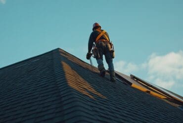 Roofer inspecting roof for repair
