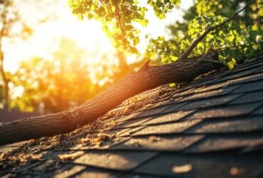 A tree branch fall on the roof of an house, during hurricane, causing damage to part of it.