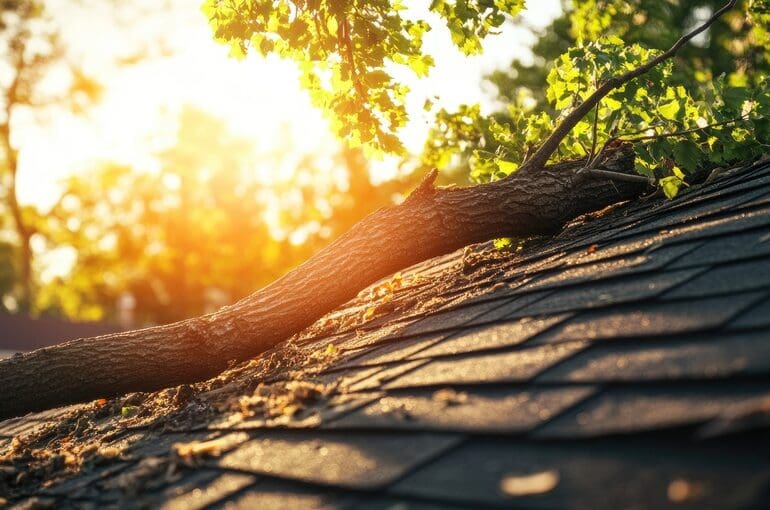 A tree branch fall on the roof of an house, during hurricane, causing damage to part of it.