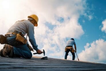 The skilled workers repairing roofing