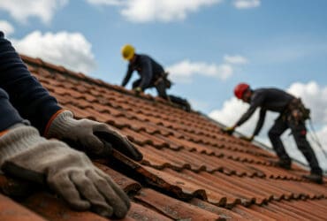 roof repair team working on residential roof