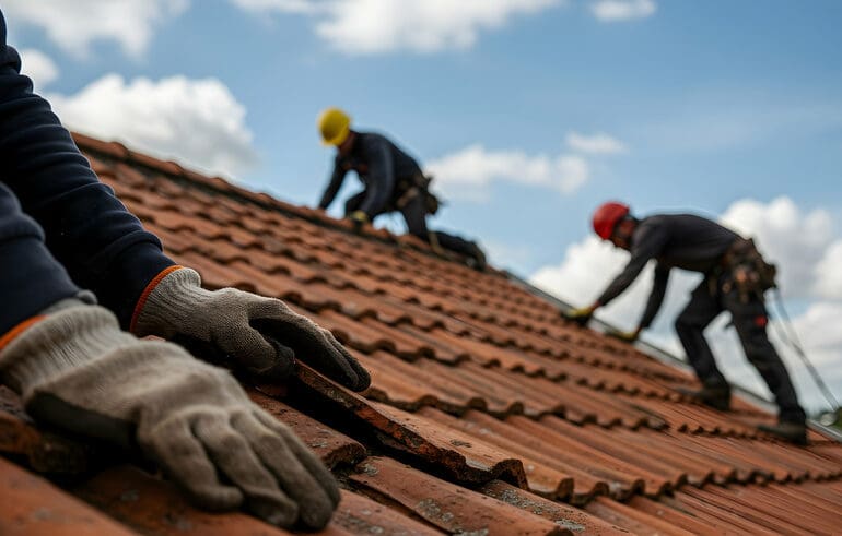 roof repair team working on residential roof