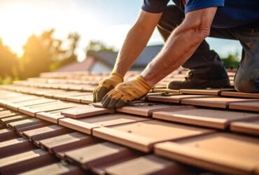 Roof repair worker installing tiles
