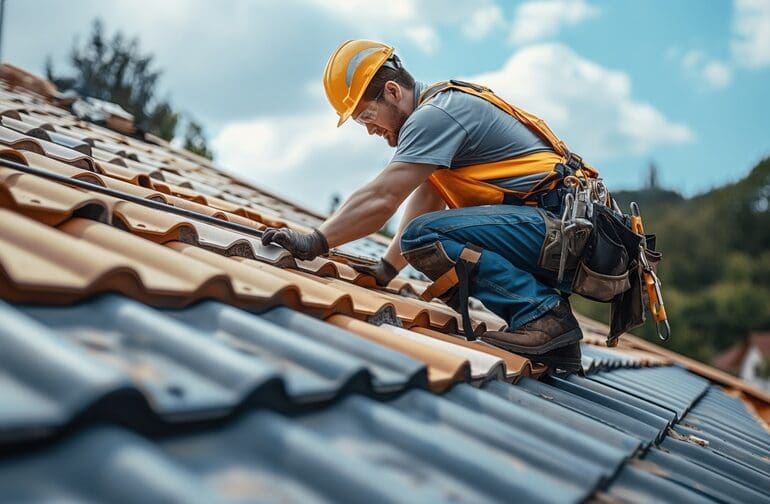 A roofer working on the roof repair