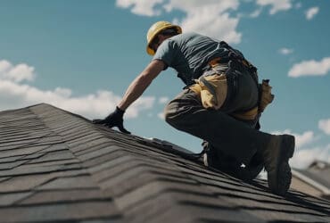 Roofing contractor repairing shingles on a residential home.