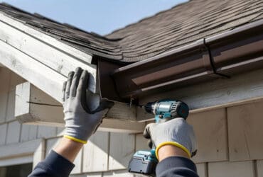 Man installing a gutter on a house roof using a power drill.