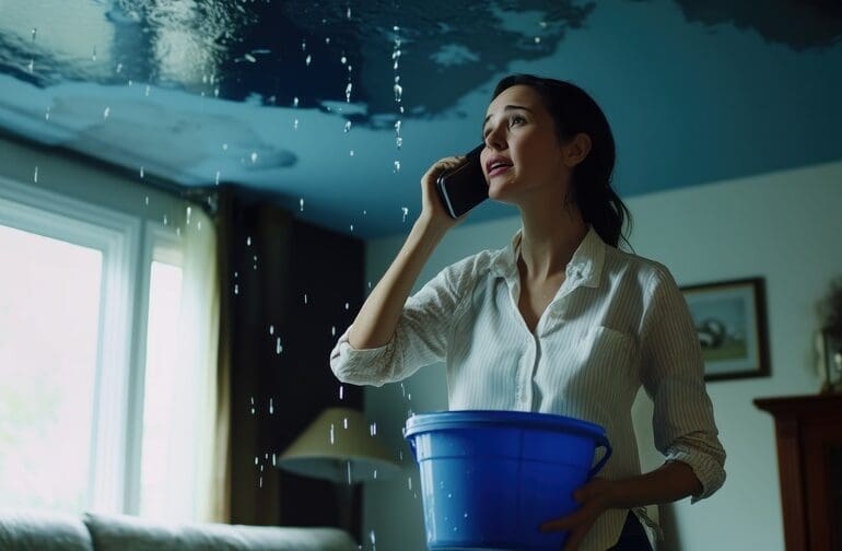 Woman Holding Bucket Under Leaky Roof While Talking on Phone