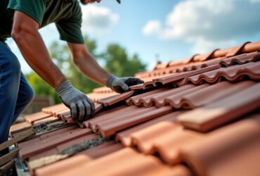 Man in working clothes replaces damaged roof tiles with new ones on a house rooftop. Closeup view of hands and tools during roof maintenance