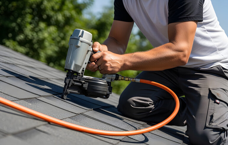 Professional roofer installing asphalt shingles with pneumatic nail gun | Residential roof repair and replacement project | Skilled contractor working on new roof construction