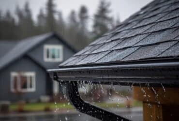 Wet shingles and gutter edge with rainwater runoff on a residential roof