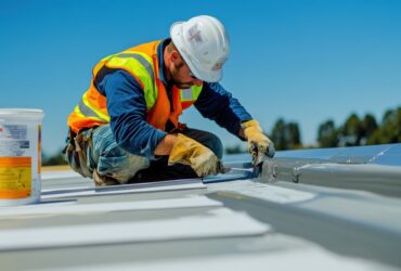 Worker applies sealant to roof during roof maintenance