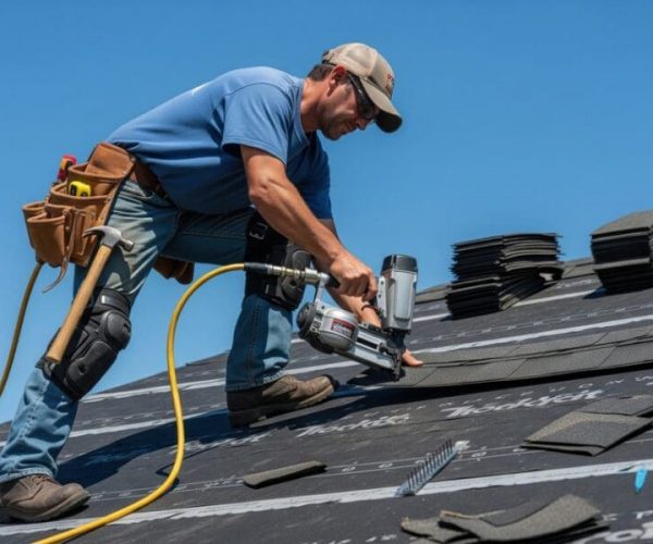 Roofer installing new shingles on a residential house roof with a nail gun construction